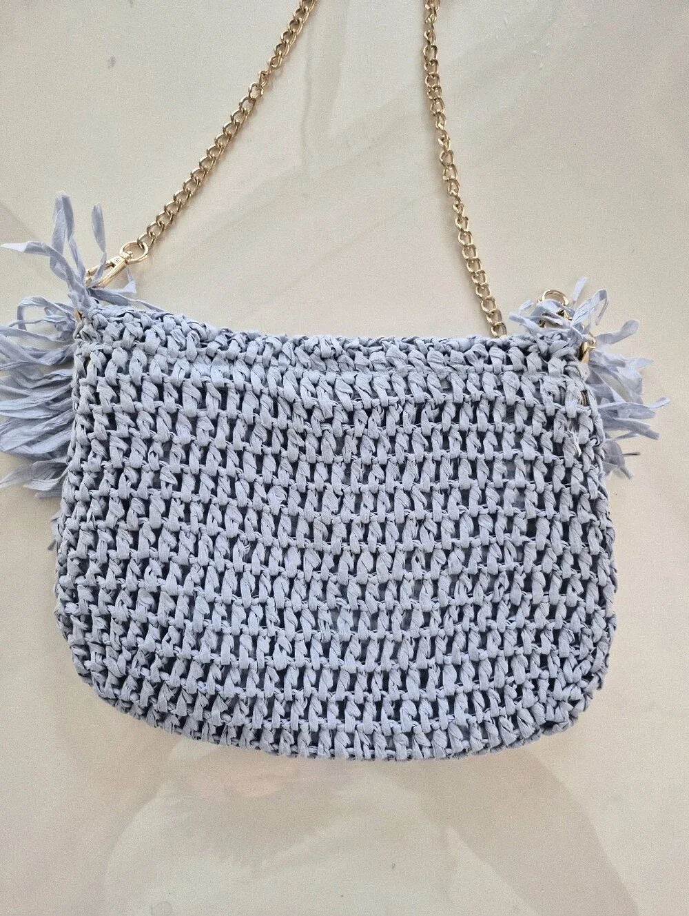 Lisi Lerch Blue Crocheted Raffia Fringe Crossbody Bag